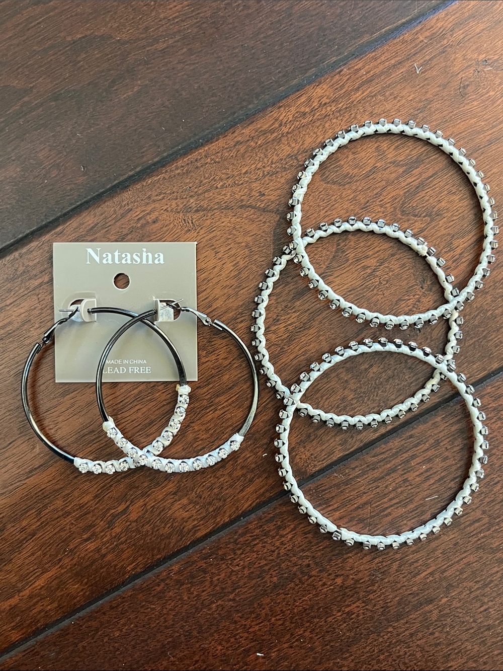 Natasha Couture Silver Hoop Earrings and 3x bangles with Crystal Accents